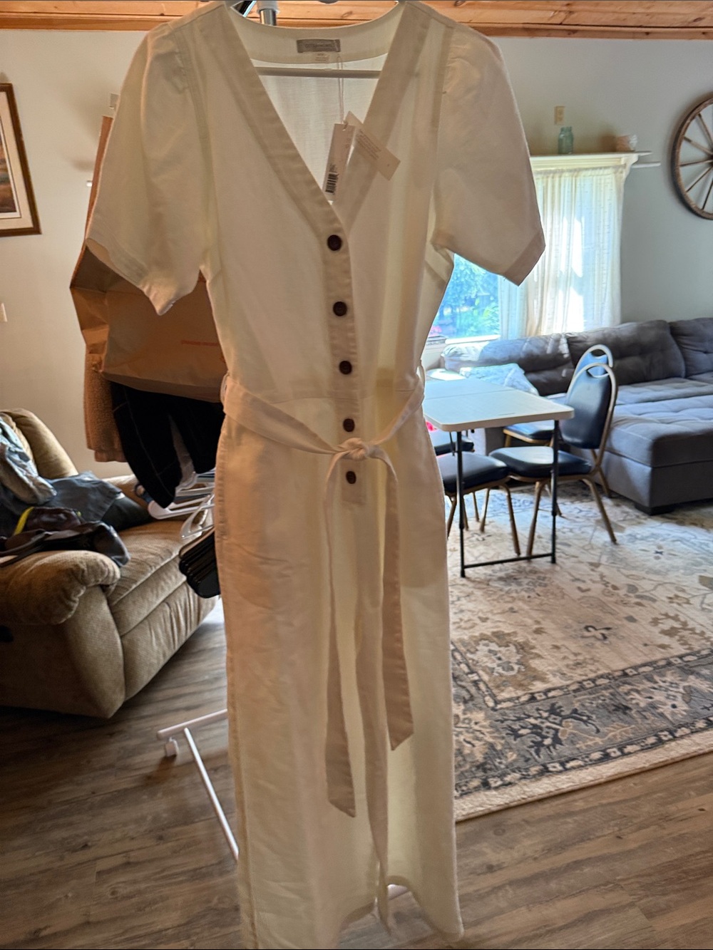 Outerknown White Button-Front Romper with Tie Waist